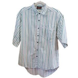 Vintage Striped Shirt Green & White Size Medium Short Sleeve 100% Cotton Button